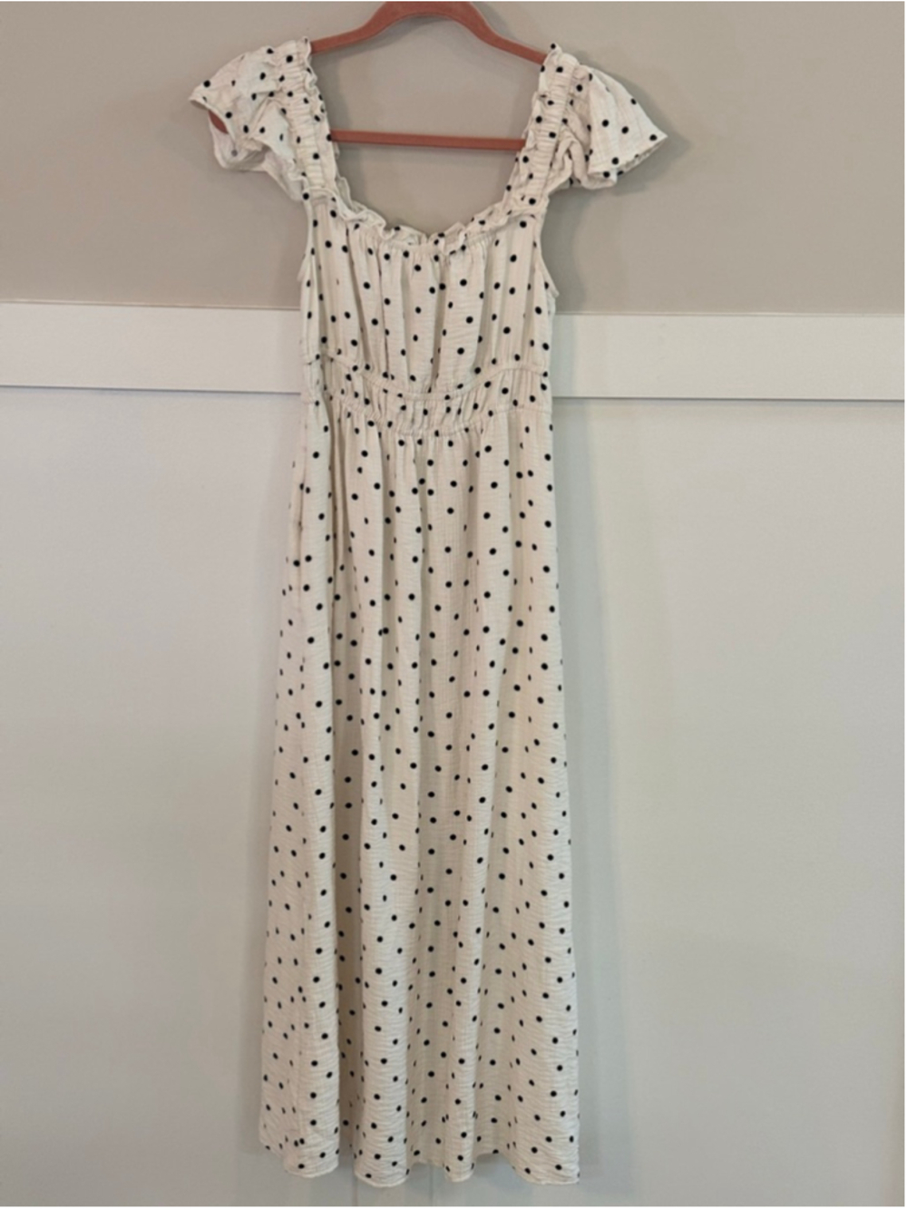 A New Day White Black Polka Dot Maxi Dress XS Ruffle Sleeve Cottagecore